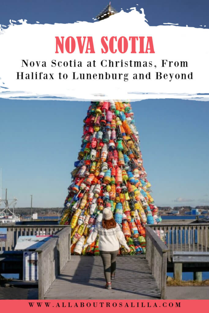 Image of  a lobster trap christmas tree with text overlay Nova Scotia at Christmas, From Halifax to Lunenburg and Beyond