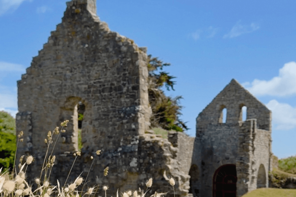 The stone ruins of the ancient Chapelle Sainte-Anne on Île de Batz, showing weathered crumbling walls, arched window openings, and a small arched doorway against a bright blue sky with light white clouds, with delicate wild grass seedheads in the soft-focus foreground.