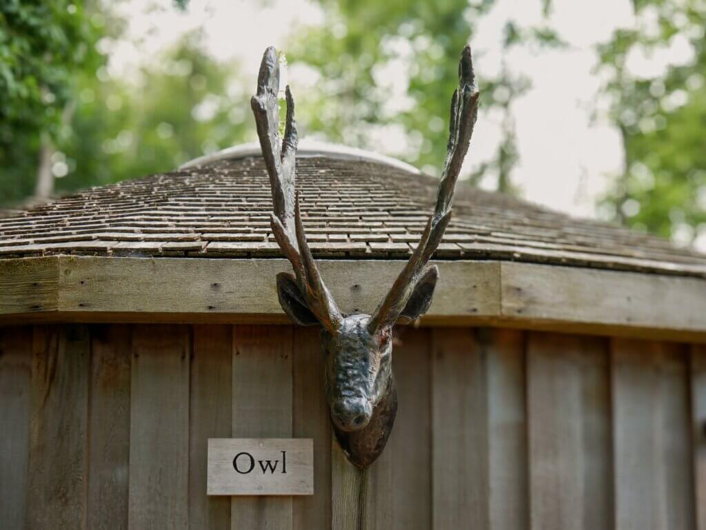 A close-up shot of a dark metallic stag head sculpture with prominent antlers mounted onto the exterior wooden wall of a treehouse above a small wooden sign that says "Owl."