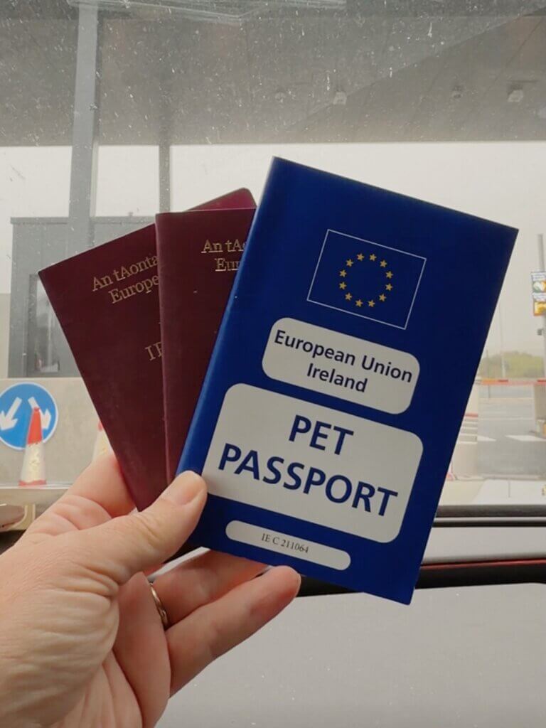 A hand holds up three passports against the blurred background of a vehicle interior and an Irish Ferries check in point. In the foreground is a bright blue European Union Ireland "PET PASSPORT" with the EU flag's gold stars. Tucked behind it are two burgandy Irish passports with text in Irish ("An tAontas Eorpach").