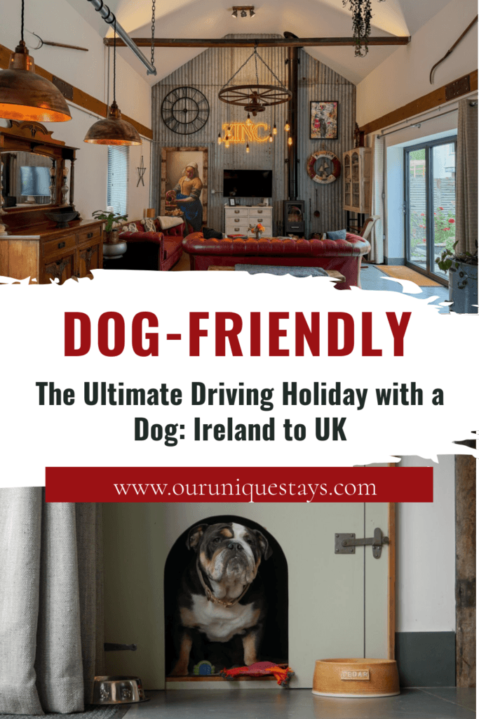 Image of an english bulldog in a dog house and a dog-friendly property in Wales with text overlay The Ultimate Driving Holiday with a Dog: Ireland to UK