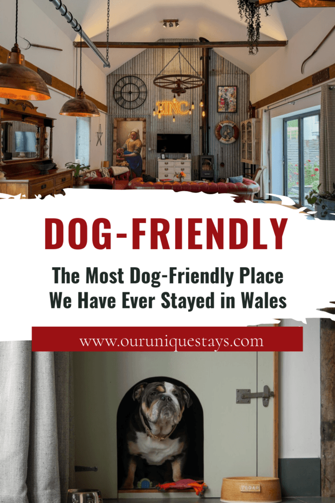 Images of The Longbarn in Wales with text overlay "The Most Dog-Friendly Place We Have Ever Stayed in Wales"